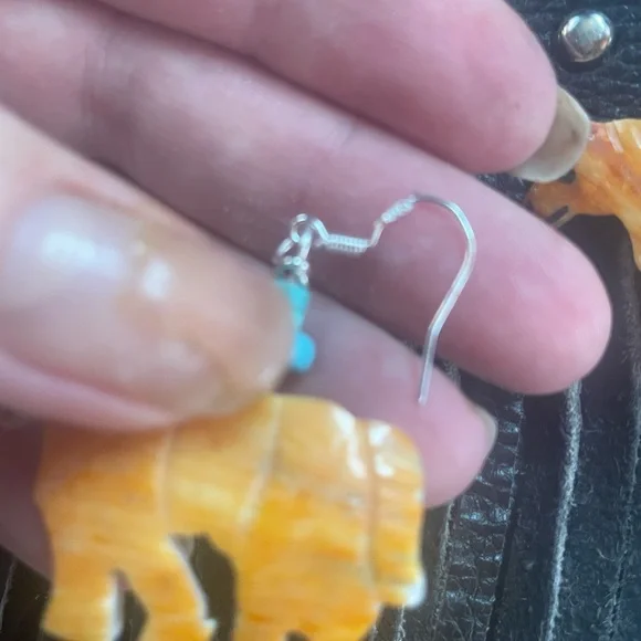 Orange Spiny Oyster Shell Horse Earrings with Turquoise & Navajo silver Pearl - Picture 2 of 5